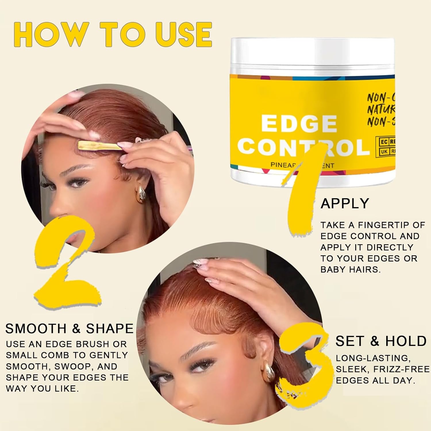 Edge Control Wax Set for Women – 48H Long-Lasting Edge Wax with 2 Brushes for All Hair Types, Strong Hold, Smooth, Non-Greasy, No Flaking No White Residue, 4Oz