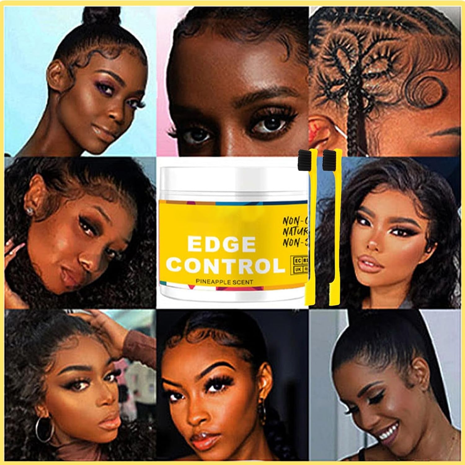 Edge Control Wax Set for Women – 48H Long-Lasting Edge Wax with 2 Brushes for All Hair Types, Strong Hold, Smooth, Non-Greasy, No Flaking No White Residue, 4Oz